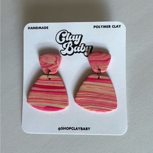 Handmade Polymer Clay Pink and Yellow Sparkly Marbled Geometric Dangle Earrings